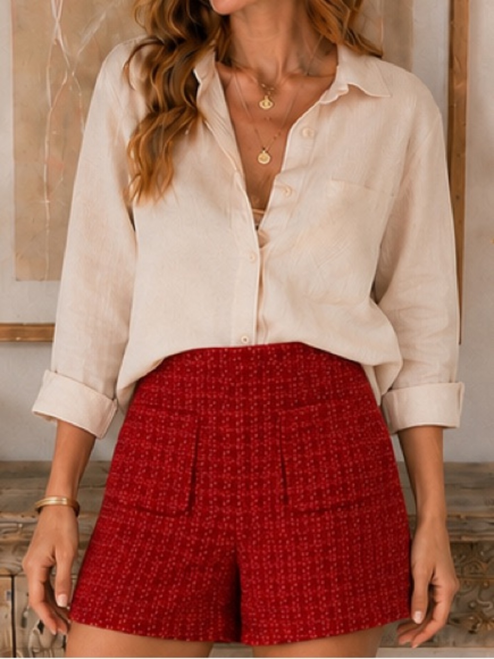 Red Tweed High Waist Shorts Front Patch Pockets
